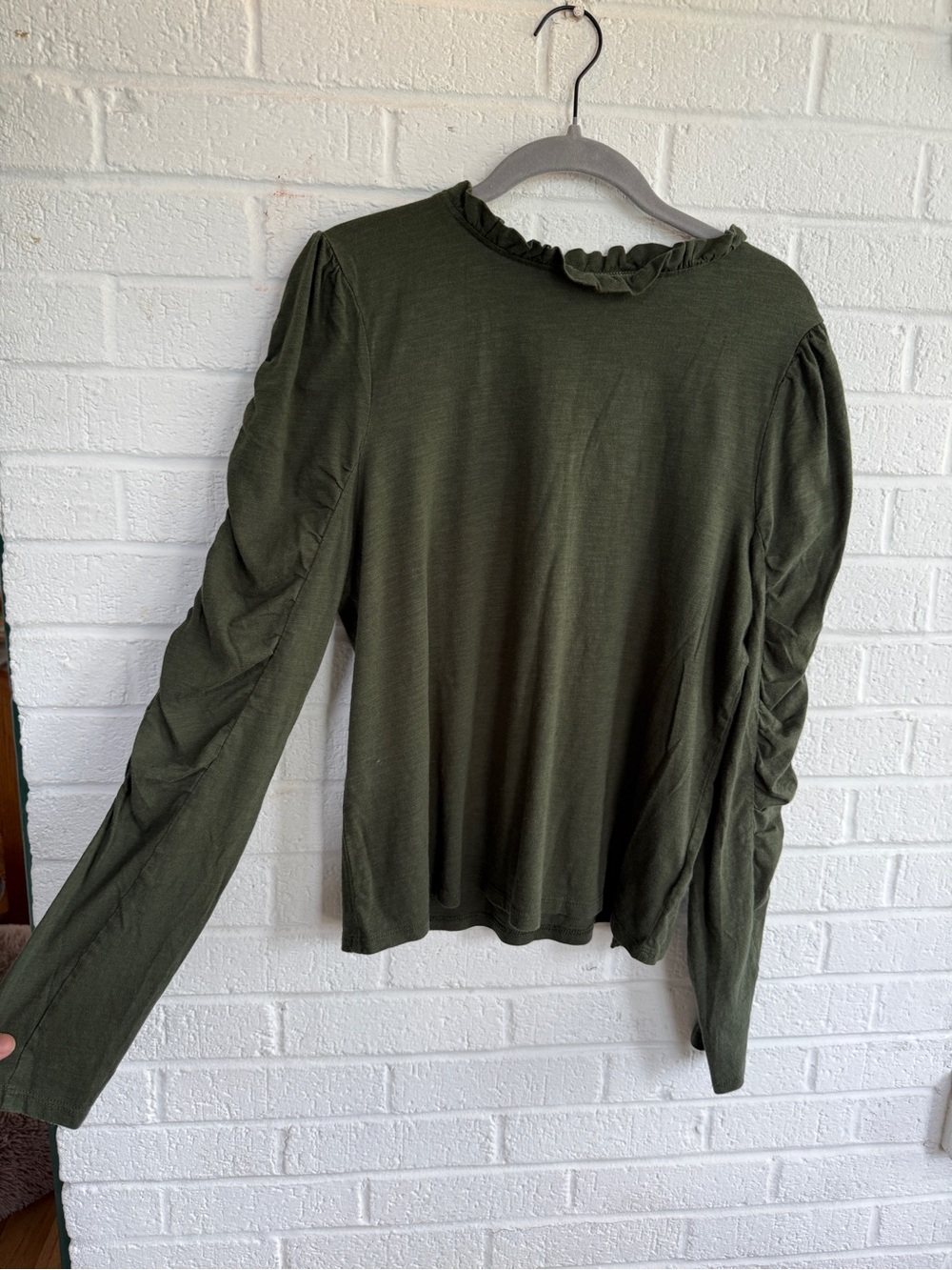 Anthropologie Maeve Ruffled Neck Long-Sleeve Top in Olive Green